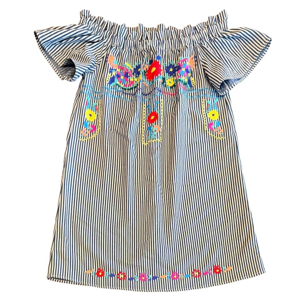 Signature 8 Navy & White Pinstripe Flower Embroidered Dress Off The Shoulder (M)